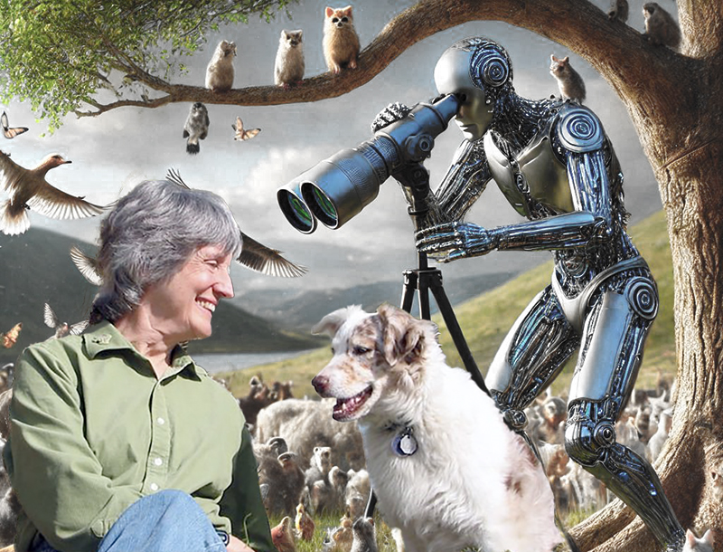 Die Philosophin Donna Haraway wird von einem Cyborg beobachtet