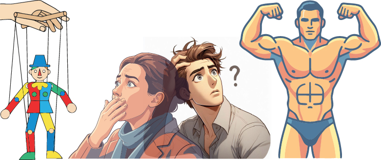 Eine Marionette, zwei fragende Personen und ein Bodybuilder