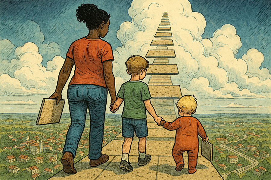 Eine Frau mit zwei Kinder auf dem Weg über einer Landschaft