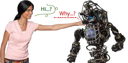 Frau grüßt Roboter und sagt: Na, was geht ab im Oberstübchen?