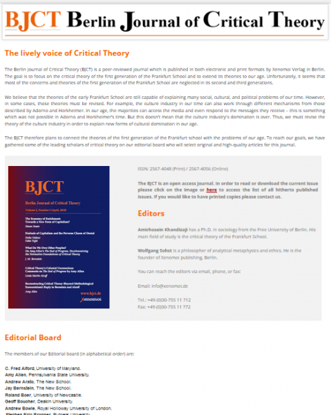 Die Homepage des 'Berlin Journal of Critical Theory'