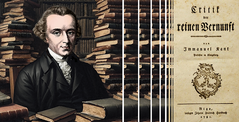 Immanuel Kant sitzend vor vielen alten Büchern