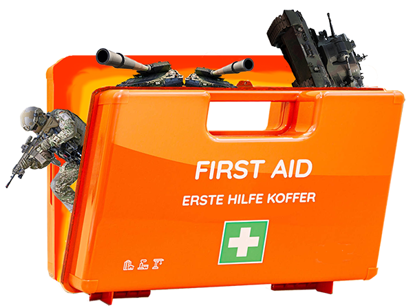 Soldiers and weapons springing out of a first aid kit